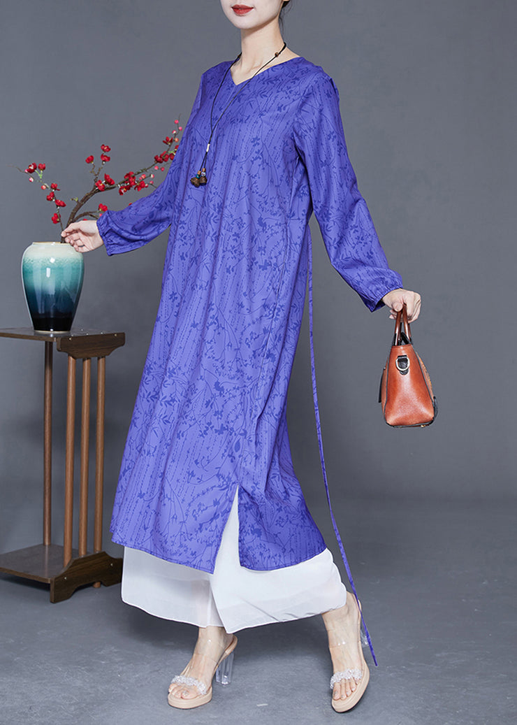 Women Blue V Neck Print Side Open Silk Cinched Dress Summer
