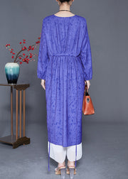 Women Blue V Neck Print Side Open Silk Cinched Dress Summer