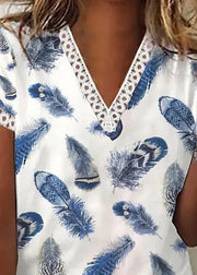 Women Blue V Neck Print Top Short Sleeve