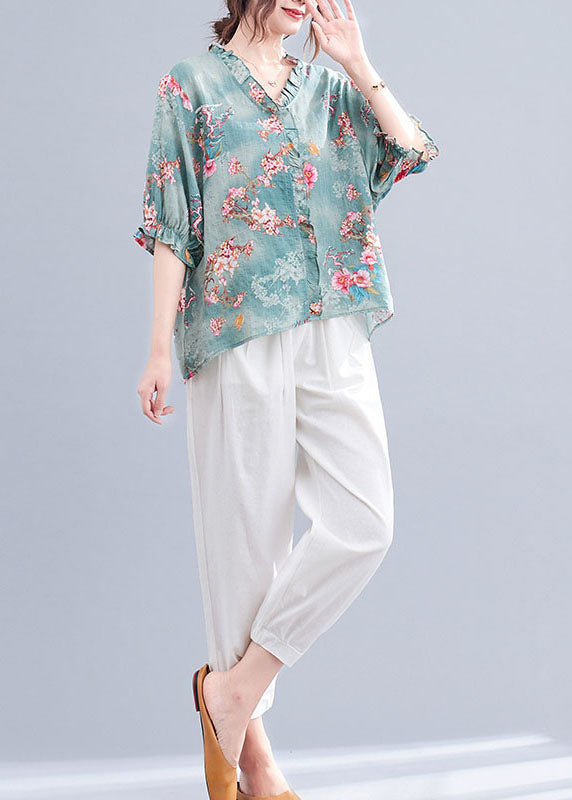 Women Blue V Neck Ruffled Print Cotton Tops And Harem Pants Two Pieces Set Summer