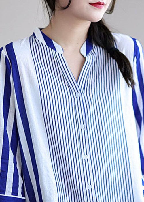 Women Blue V Neck Striped Cotton Blouses Bracelet Sleeve