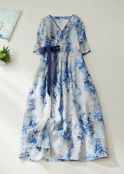 Women Blue V Neck Tie Waist Print Linen Cinched Dress Summer