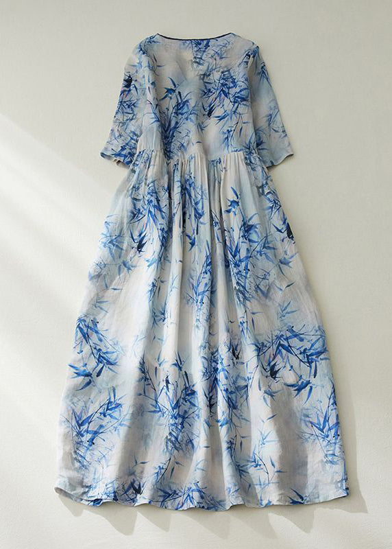 Women Blue V Neck Tie Waist Print Linen Cinched Dress Summer