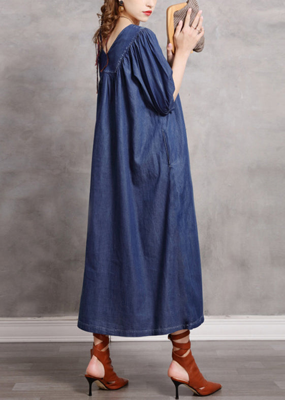 Women Blue V Neck wrinkled Embroidered Cotton Party Dress Half Sleeve