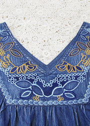 Women Blue V Neck wrinkled Embroidered Cotton Party Dress Half Sleeve