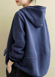 Women Blue Warm Fleece Hooded Pullover Sweatshirt Winter