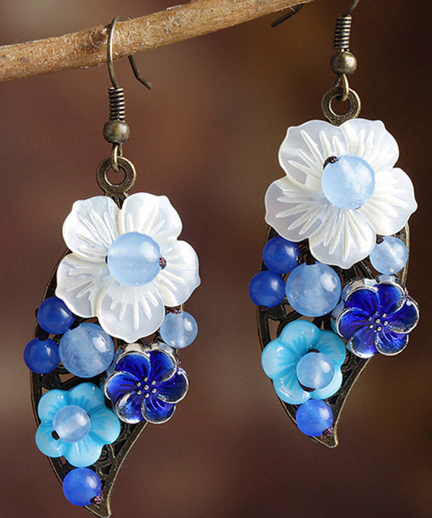 Women Blue White Copper Shell Flower Chalcedony Cloisonne Drop Earrings