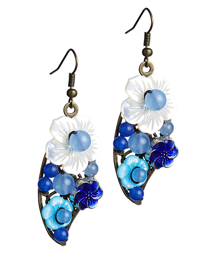 Women Blue White Copper Shell Flower Chalcedony Cloisonne Drop Earrings
