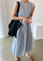 Women Blue Wrinkled Button Patchwork Wear On Both Sides Cotton Dresses Sleeveless