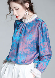 Women Blue Wrinkled Patchwork Print Silk Top Spring