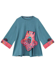 Women Blue asymmetrical design Embroidered Sweatshirts tops Spring