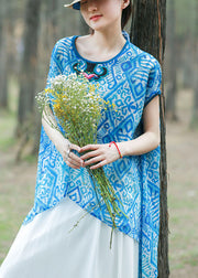 Women Blue asymmetrical design O-Neck Embroidered print Tops Spring