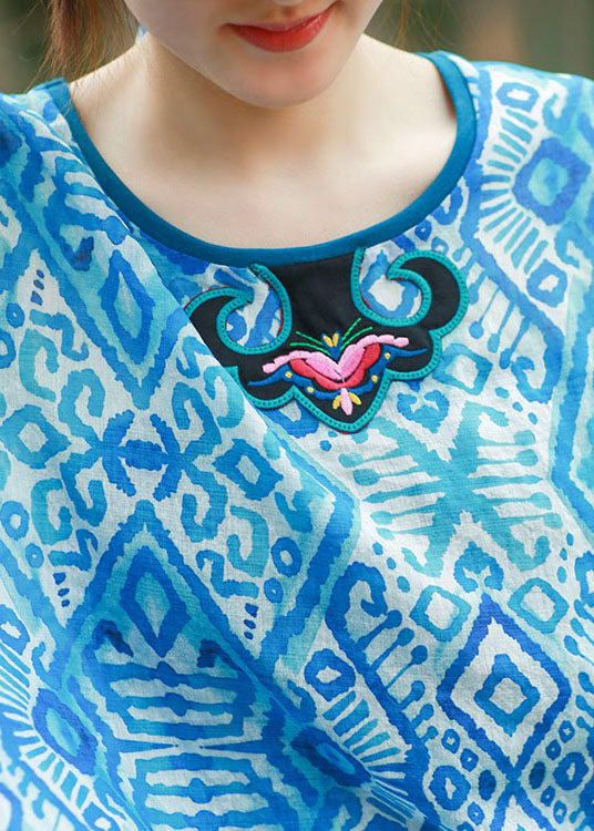Women Blue asymmetrical design O-Neck Embroidered print Tops Spring