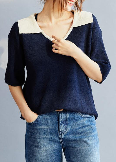 Women Blue cotton Blouse POLO Collar oversized Summer Shirt Style - SooLinen