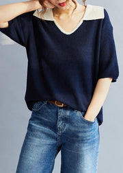 Women Blue cotton Blouse POLO Collar oversized Summer Shirt Style - SooLinen