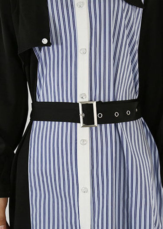 Women Blue tie waist Peter Pan Collar Striped Patchwork shirt Dresses Spring