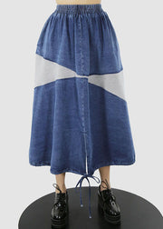 Women Blue white elastic waist drawstring Patchwork denim Skirt Spring