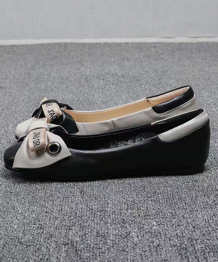 Women Bow Splicing Comfortable Flat Shoes Beige Faux Leather