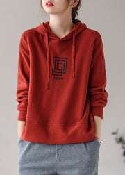 Women Brick Red Drawstring Hooded Print Cotton Sweatshirts Top Long Sleeve