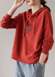 Women Brick Red Drawstring Hooded Print Cotton Sweatshirts Top Long Sleeve