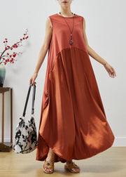 Women Brick Red Oversized Patchwork Silk Long Dress Sleeveless