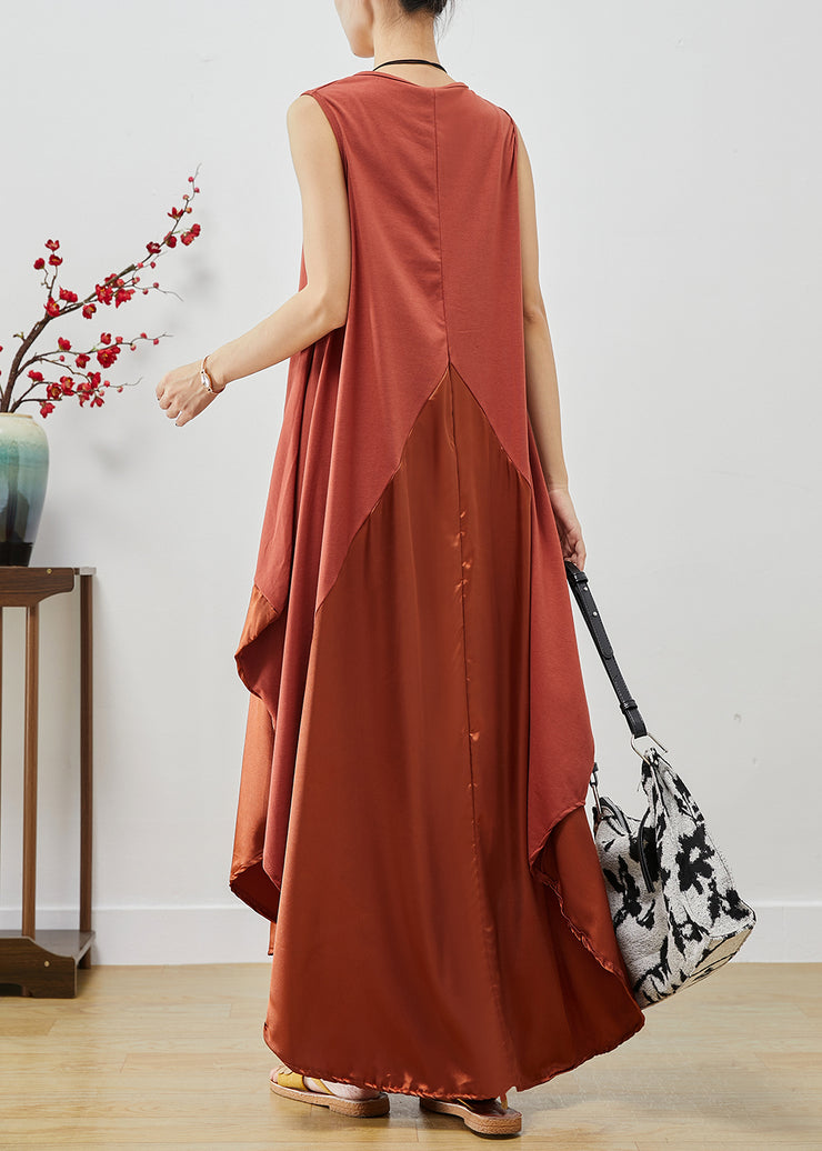 Women Brick Red Oversized Patchwork Silk Long Dress Sleeveless