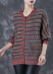 Women Brick Red Oversized Striped Knit Cardigans Spring
