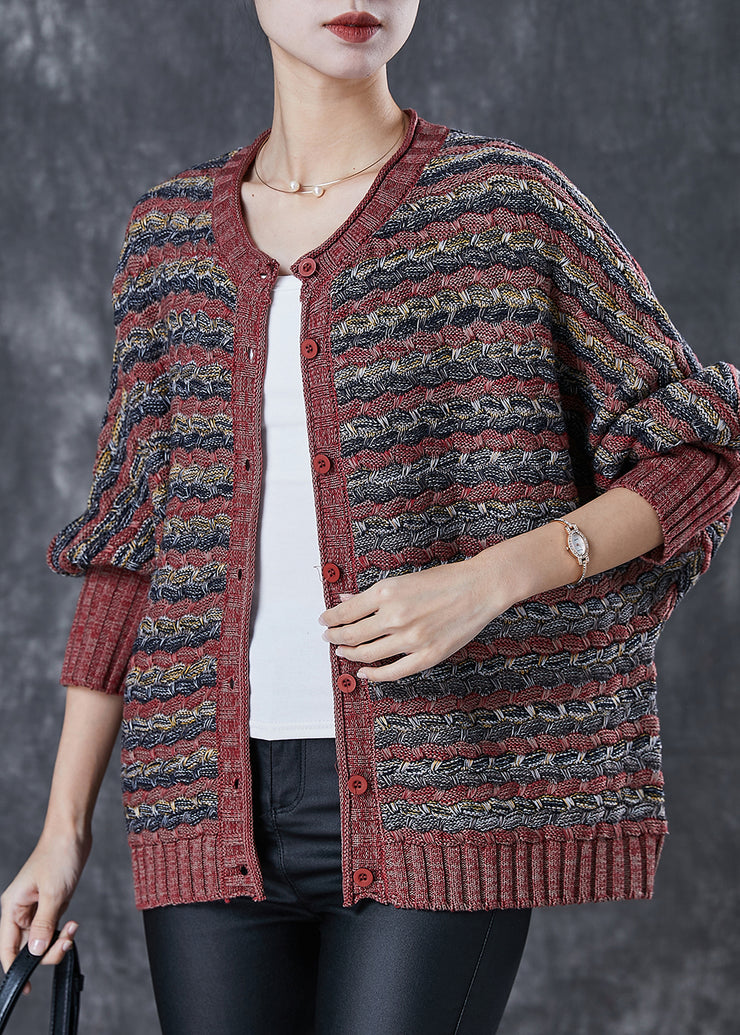 Women Brick Red Oversized Striped Knit Cardigans Spring