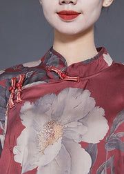 Women Brick Red Stand Collar Print Chinese Button Silk Shirt Flare Sleeve