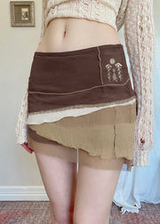 Women Brown Asymmetrical Embroidered Tulle Patchwork Skirt Summer