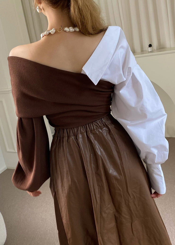 Women Brown Asymmetrical Patchwork Cotton Knit Top Fall
