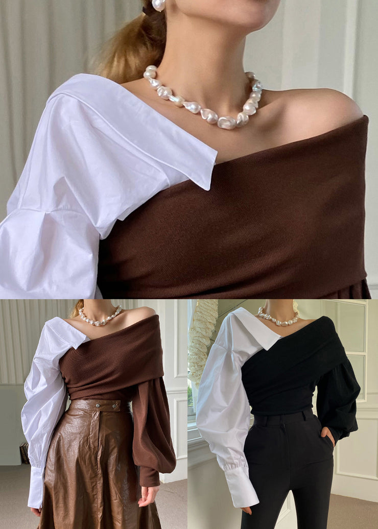 Women Brown Asymmetrical Patchwork Cotton Knit Top Fall