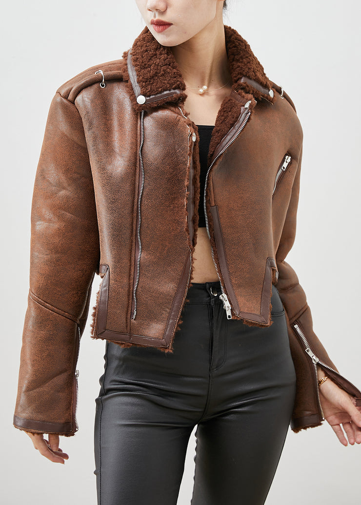 Women Brown Asymmetrical Zippered Faux Fur Coat Outwear Winter