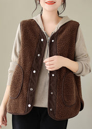 Women Brown Button Pockets Teddy Faux Fur Waistcoat Sleeveless