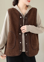 Women Brown Button Pockets Teddy Faux Fur Waistcoat Sleeveless