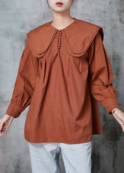 Women Brown Double-layer Collar Cotton Shirt Top Spring