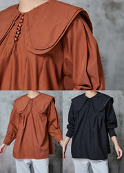 Women Brown Double-layer Collar Cotton Shirt Top Spring