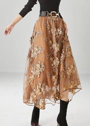 Women Brown Elastic Waist Embroidered Tulle Skirts Fall