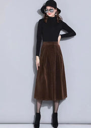 Women Brown Elastic Waist Pockets Corduroy A Line Skirts Spring
