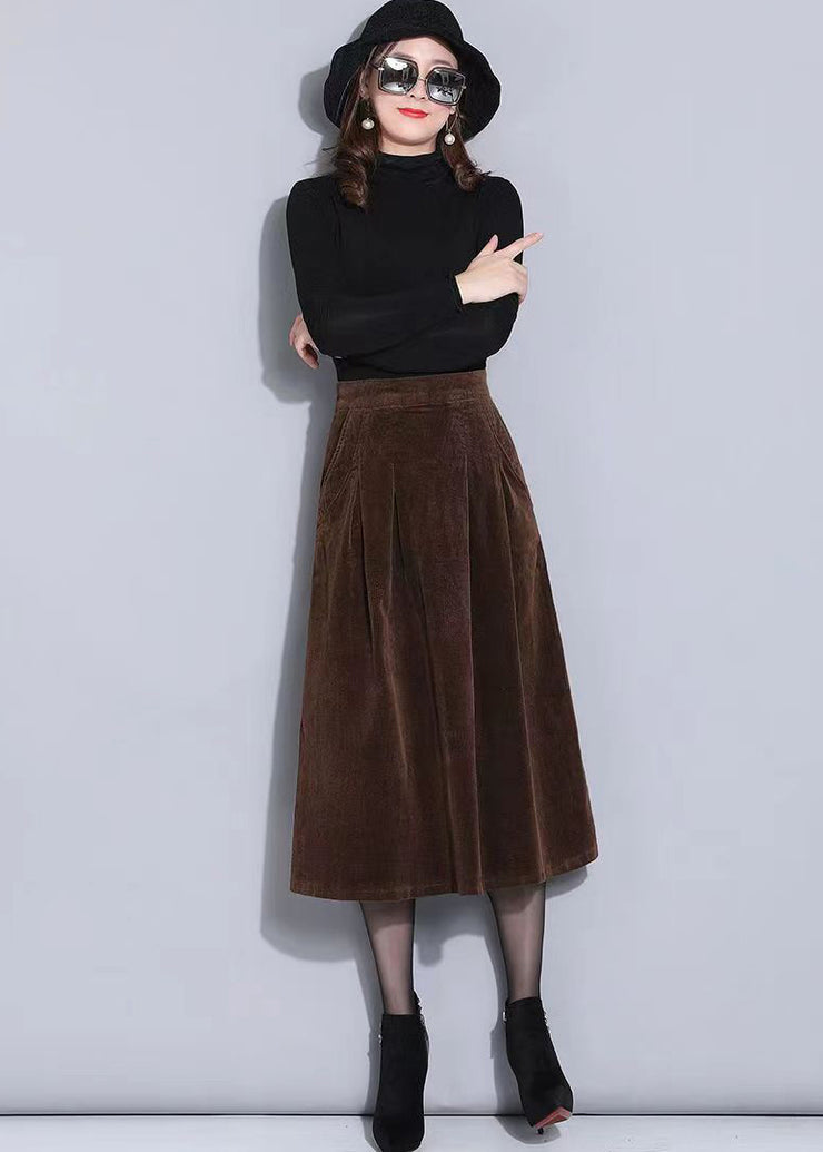Women Brown Elastic Waist Pockets Corduroy A Line Skirts Spring