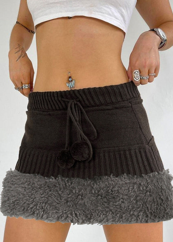 Women Brown Fluffy Elastic Waist Patchwork Knit Skirts Fall