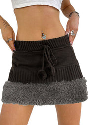Women Brown Fluffy Elastic Waist Patchwork Knit Skirts Fall
