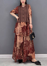 Women Brown Hooded Knit Patchwork Chiffon tops and wide leg pants two pieces Half Sleeve