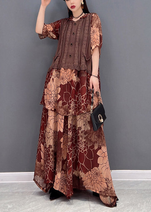Women Brown Hooded Knit Patchwork Chiffon tops and wide leg pants two pieces Half Sleeve