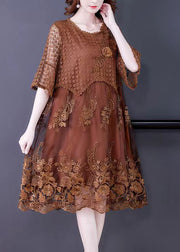 Women Brown O-Neck Embroidered Lace Vacation Dresses Half Sleeve