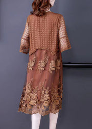 Women Brown O-Neck Embroidered Lace Vacation Dresses Half Sleeve