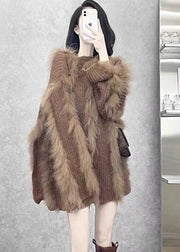 Women Brown O Neck Fox Hair Patchwork Knit Sweaters Winter