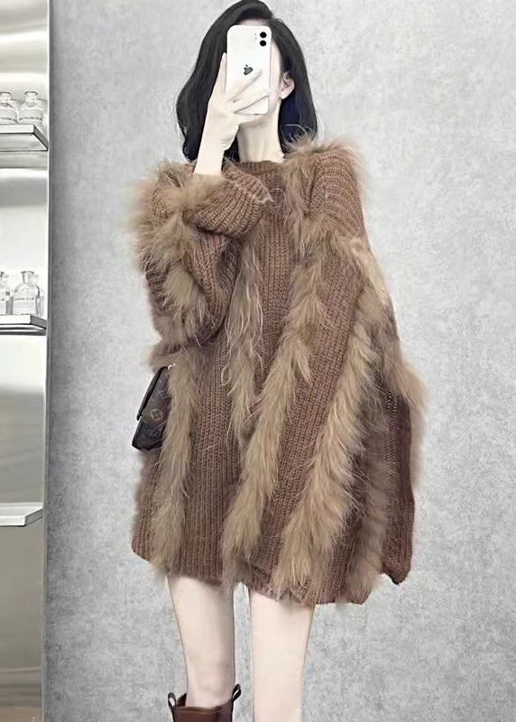 Women Brown O Neck Fox Hair Patchwork Knit Sweaters Winter