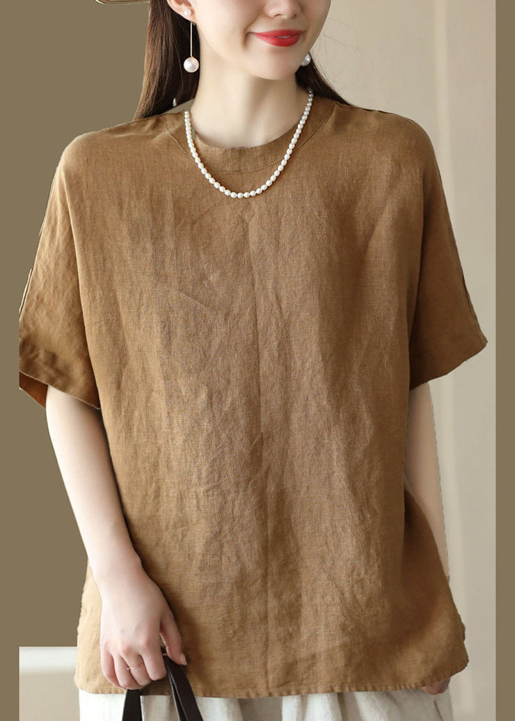 Women Brown O Neck Patchwork Linen T Shirt Top Summer
