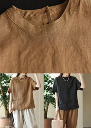 Women Brown O Neck Patchwork Linen T Shirt Top Summer